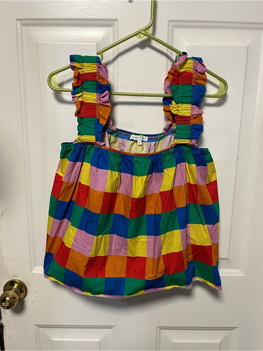 English Factory women’s small Rainbow Check Ruffle Strap Tank Top